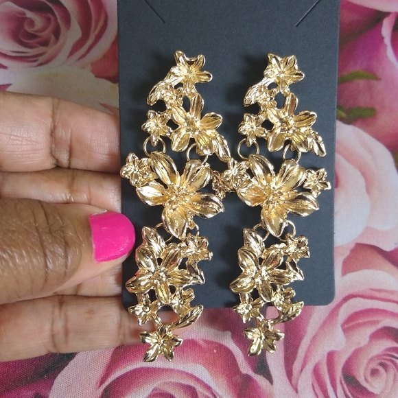 Gold Post Back Exaggerated Cascading Magnolias Drop Statement Earrings - Picture 6 of 9
